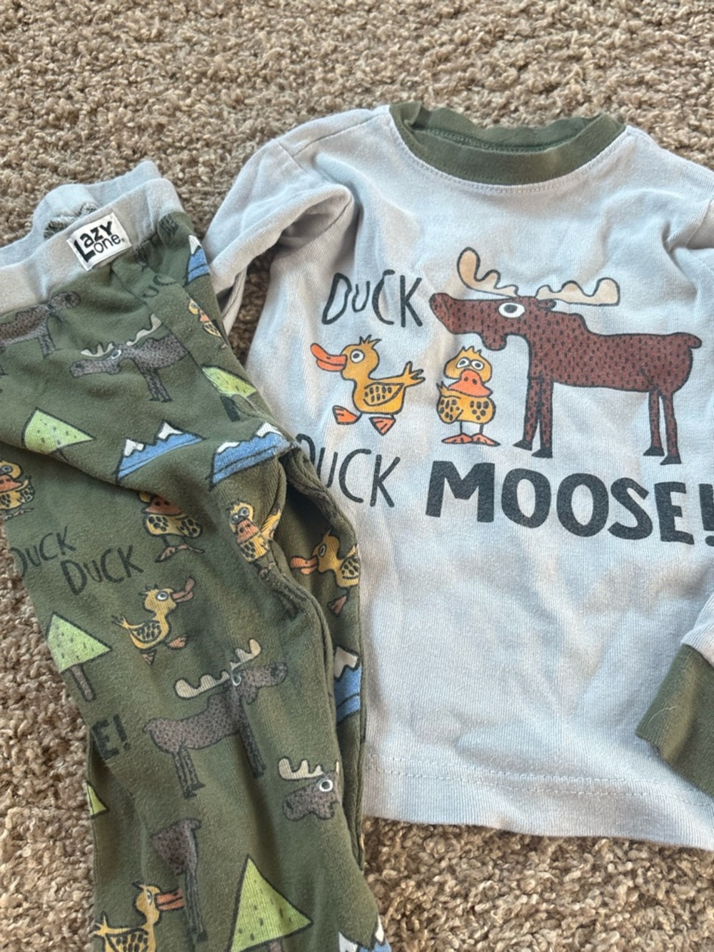 Lazy One Kids Duck & Moose Pajama Set - Green and Light Gray